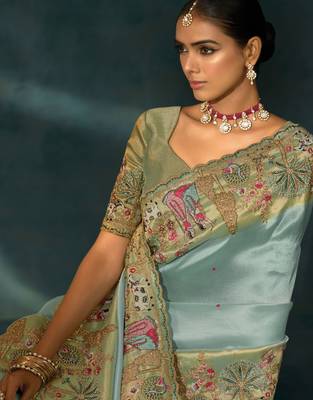 sea green ziraf silk blend saree with mirror moti & cut-dana work 2