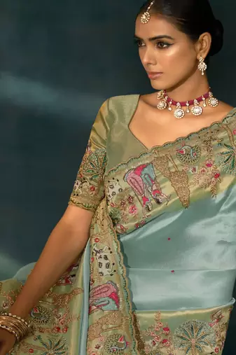 sea green ziraf silk blend saree with mirror moti & cut-dana work