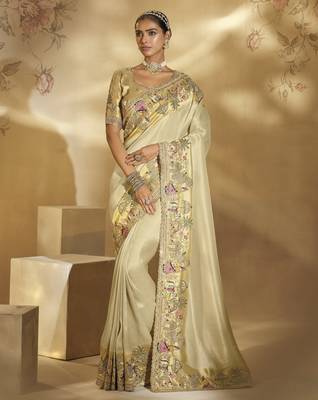 cream ziraf silk blend saree with jari thread cut-dana & moti work 1