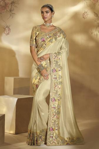 cream ziraf silk blend saree with jari, thread, cut-dana & moti heavy work