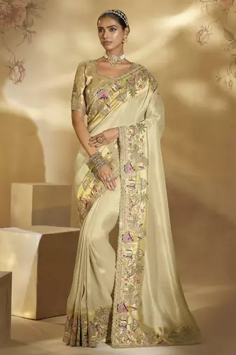 cream ziraf silk blend saree with jari, thread, cut-dana & moti heavy work