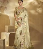 cream ziraf silk blend saree with jari, thread, cut-dana & moti heavy work