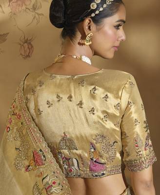 cream ziraf silk blend saree with jari thread cut-dana & moti work 2