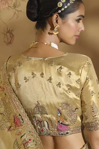 cream ziraf silk blend saree with jari thread cut-dana & moti work