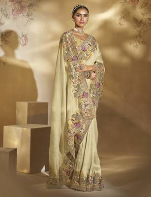 cream ziraf silk blend saree with jari thread cut-dana & moti work 3