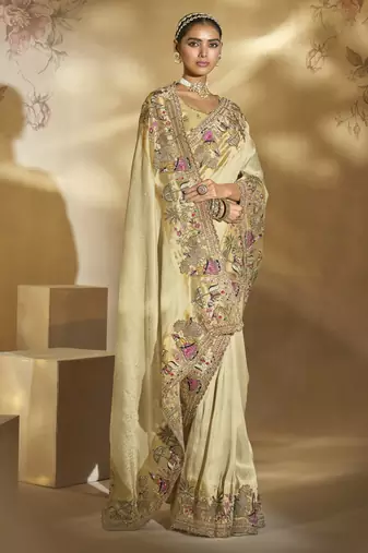 cream ziraf silk blend saree with jari thread cut-dana & moti work