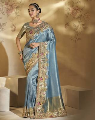 sea green ziraf silk blend saree with jari thread cut-dana & moti work 1