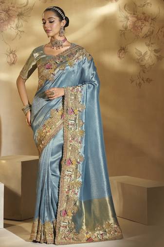 sea green ziraf silk blend saree with jari, thread, cut-dana & moti heavy work