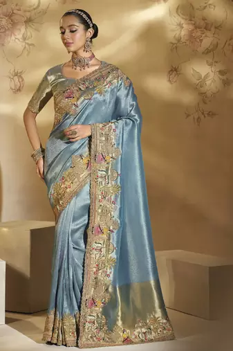 sea green ziraf silk blend saree with jari, thread, cut-dana & moti heavy work