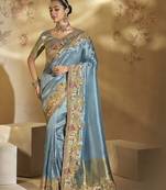 sea green ziraf silk blend saree with jari, thread, cut-dana & moti heavy work