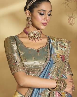 sea green ziraf silk blend saree with jari thread cut-dana & moti work 2