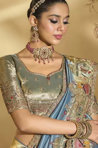 sea green ziraf silk blend saree with jari thread cut-dana & moti work