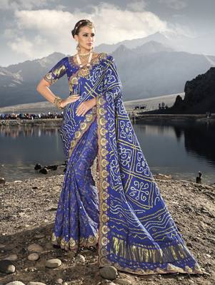 royal blue gajji bandhej satin saree with real silk blend blouse & mirror work 1