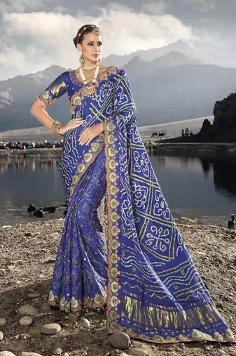 royal blue gajji bandhej satin saree with real silk blend blouse & mirror work