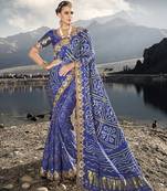 royal blue gajji bandhej satin saree with real silk blend blouse & mirror work
