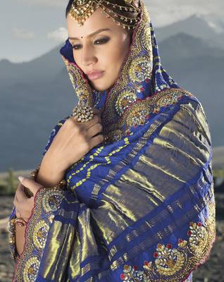 royal blue gajji bandhej satin saree with real silk blend blouse & mirror work 2