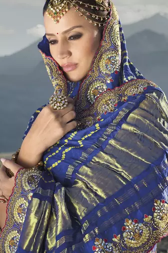 royal blue gajji bandhej satin saree with real silk blend blouse & mirror work