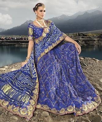 royal blue gajji bandhej satin saree with real silk blend blouse & mirror work 3