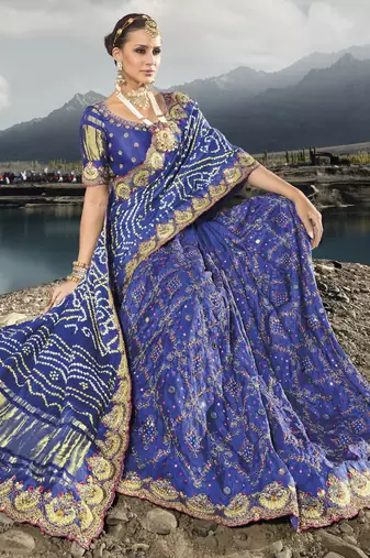 royal blue gajji bandhej satin saree with real silk blend blouse & mirror work