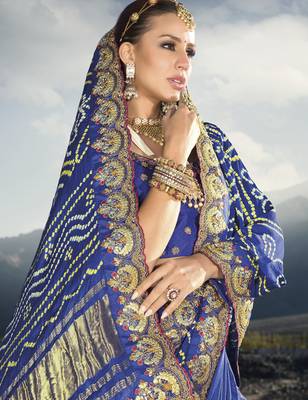 royal blue gajji bandhej satin saree with real silk blend blouse & mirror work 4
