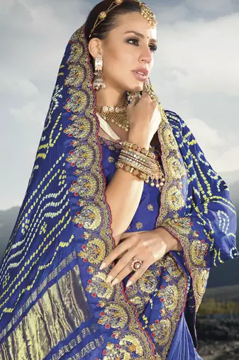royal blue gajji bandhej satin saree with real silk blend blouse & mirror work
