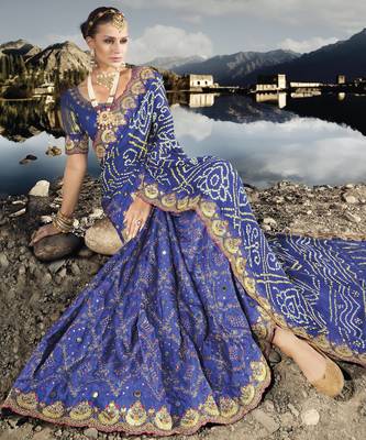 royal blue gajji bandhej satin saree with real silk blend blouse & mirror work 5