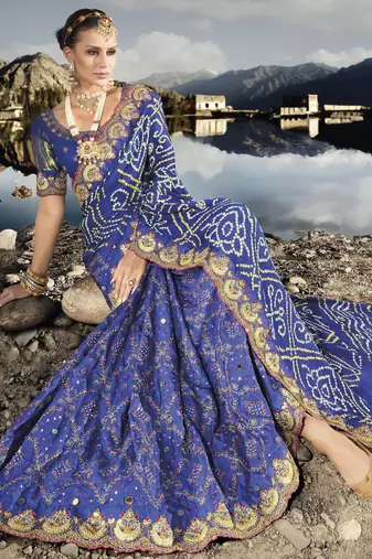 royal blue gajji bandhej satin saree with real silk blend blouse & mirror work
