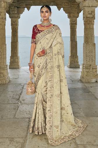 cream banarasi jari saree with lucknowi & jarkhan heavy work and silk blend blouse
