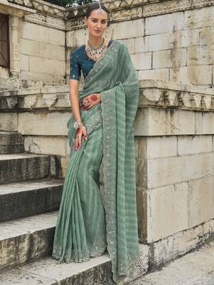 sea green crush tissue saree with jarkhan cut-dana & moti embroidery and russian silk blend blouse 1