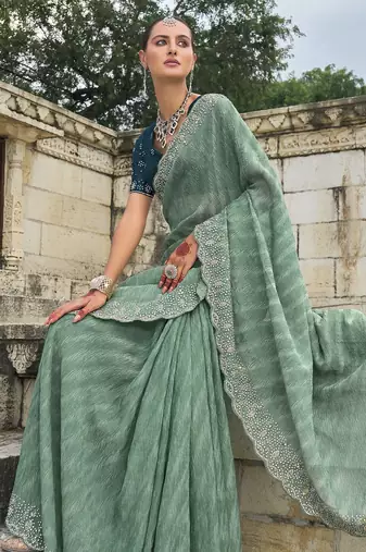 sea green crush tissue saree with jarkhan cut-dana & moti embroidery and russian silk blend blouse