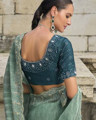sea green crush tissue saree with jarkhan cut-dana & moti embroidery and russian silk blend blouse 3