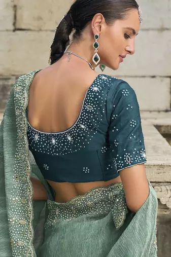 sea green crush tissue saree with jarkhan cut-dana & moti embroidery and russian silk blend blouse