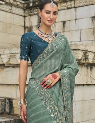 sea green crush tissue saree with jarkhan cut-dana & moti embroidery and russian silk blend blouse 4
