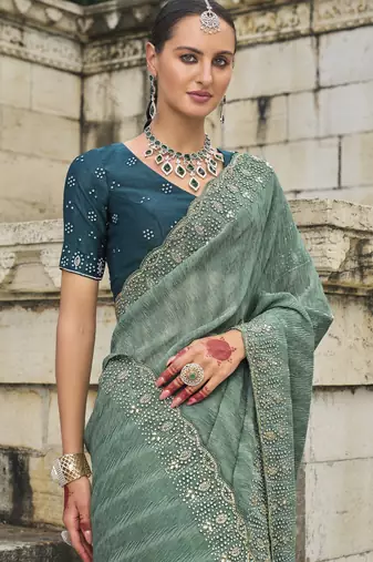 sea green crush tissue saree with jarkhan cut-dana & moti embroidery and russian silk blend blouse