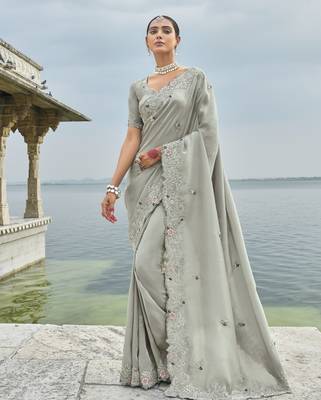 grey banarasi jari saree with thread moti & jarkhan work and banarasi jari blouse 1