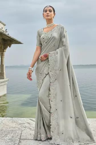 grey banarasi jari saree with thread, moti & jarkhan heavy work and banarasi jari blouse