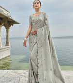 grey banarasi jari saree with thread, moti & jarkhan heavy work and banarasi jari blouse