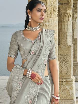grey banarasi jari saree with thread moti & jarkhan work and banarasi jari blouse 2