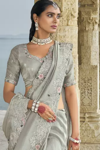 grey banarasi jari saree with thread moti & jarkhan work and banarasi jari blouse