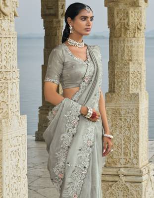 grey banarasi jari saree with thread moti & jarkhan work and banarasi jari blouse 3