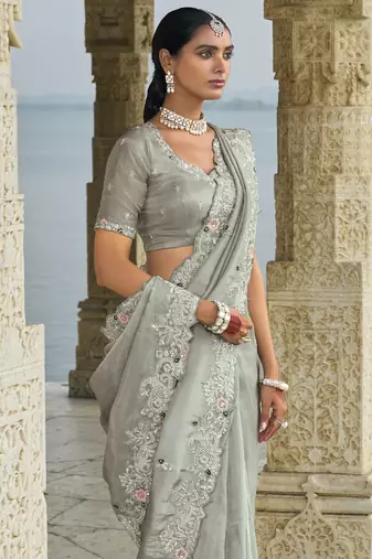 grey banarasi jari saree with thread moti & jarkhan work and banarasi jari blouse