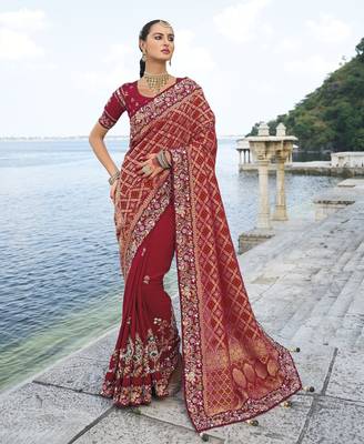 maroon bandhej pallu and dola silk blend skirt saree with mirror jari & moti work and silk blend blouse 1