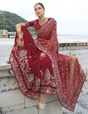 maroon bandhej pallu and dola silk blend skirt saree with mirror jari & moti work and silk blend blouse 2