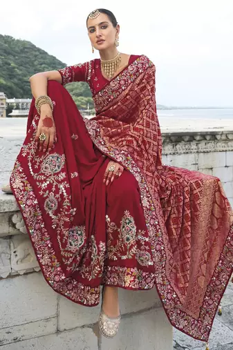 maroon bandhej pallu and dola silk blend skirt saree with mirror jari & moti work and silk blend blouse