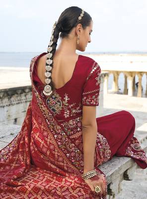maroon bandhej pallu and dola silk blend skirt saree with mirror jari & moti work and silk blend blouse 3
