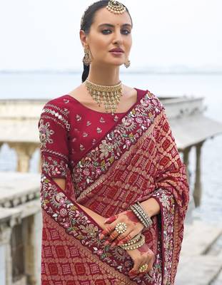 maroon bandhej pallu and dola silk blend skirt saree with mirror jari & moti work and silk blend blouse 4