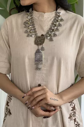 Floral printed white v neck  cotton kurta set with trouser
