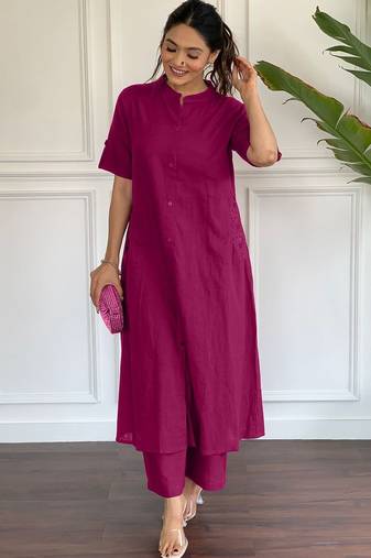Floral printed maroon v neck pure cotton kurta set with trouser
