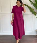 Floral printed maroon v neck pure cotton kurta set with trouser