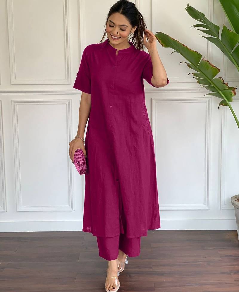 Floral printed maroon v neck pure cotton kurta set with trouser